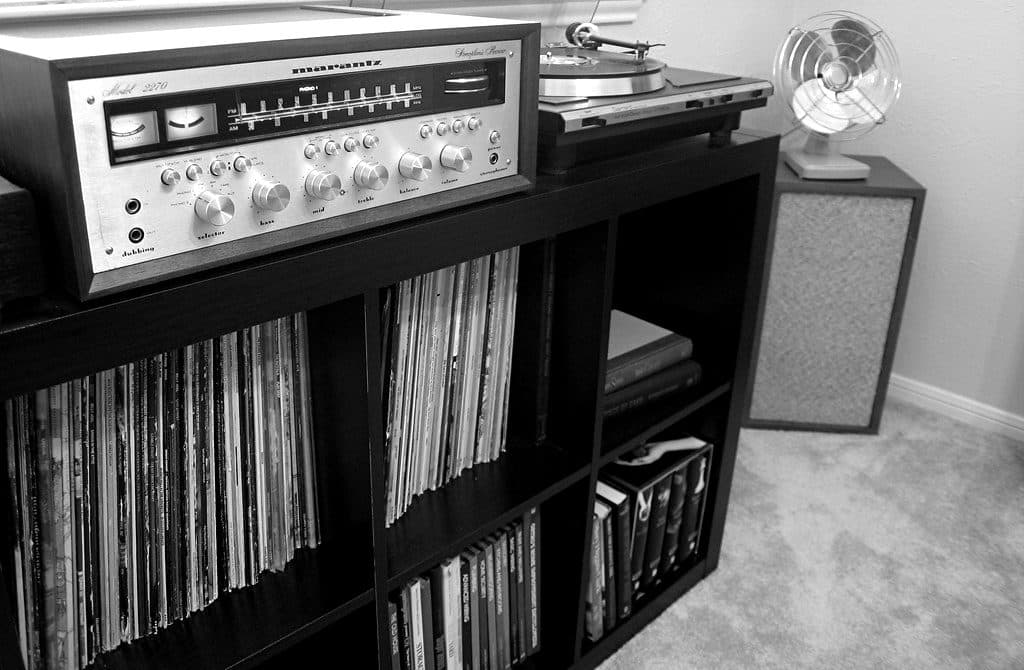 A wall of records and a turntable